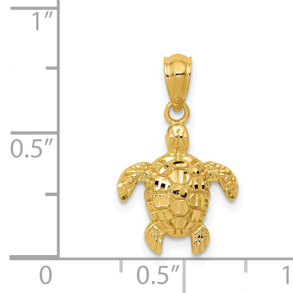 14K Gold Polished and Textured Diamond-cut Turtle Pendant-YC1246