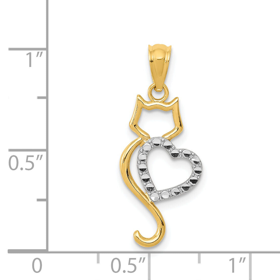 14k Rhodium-Plated Polished Cat w/Heart Pendant-YC1257