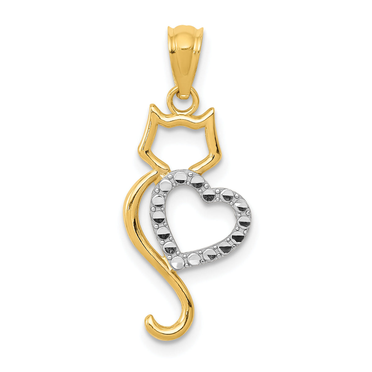 14k Rhodium-Plated Polished Cat w/Heart Pendant-YC1257