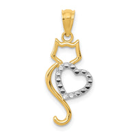 14k Rhodium-Plated Polished Cat w/Heart Pendant-YC1257