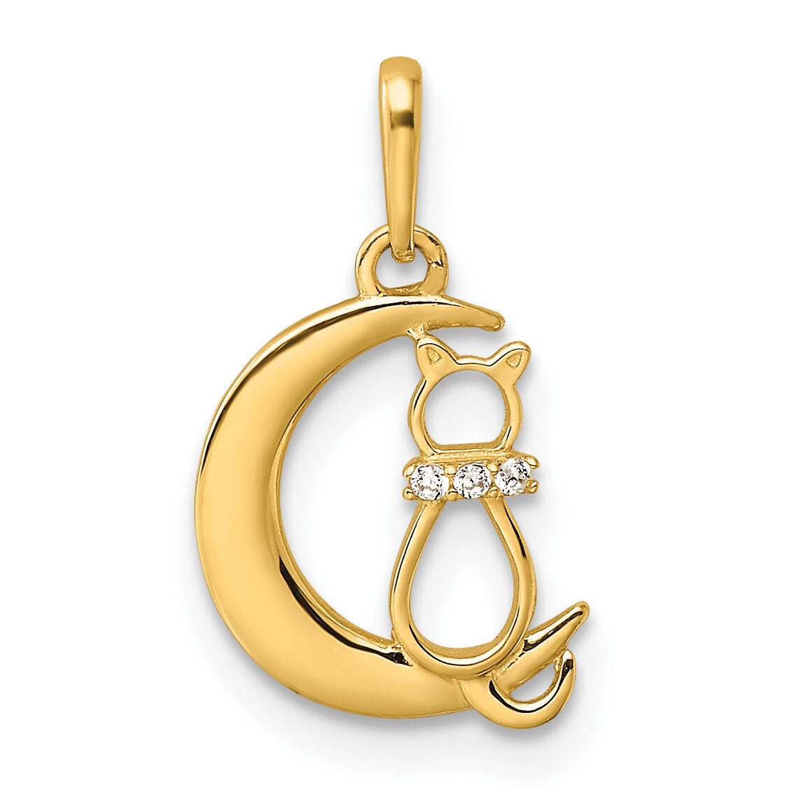 14k Childrens CZ Cat and Moon Pendant-YC1285
