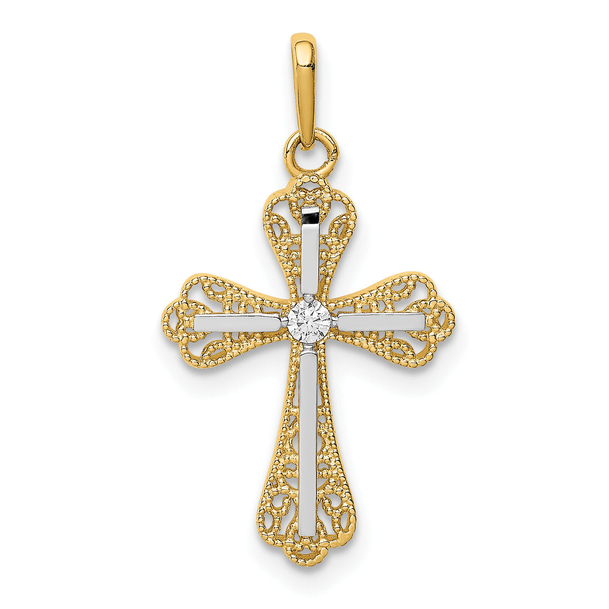14K w/White Rhodium CZ Cross Pendant-YC1375