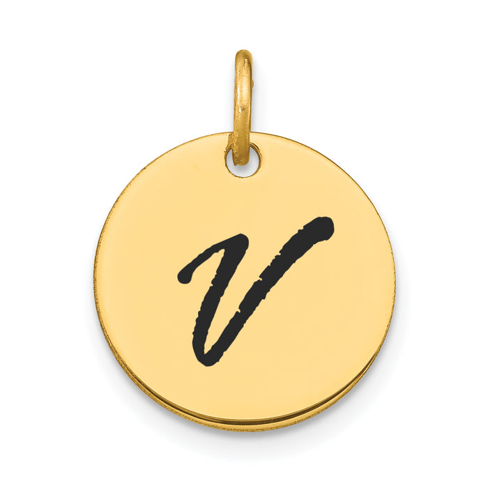 14k Polished Black Enamel Letter V Initial Disk Charm-YC1436V