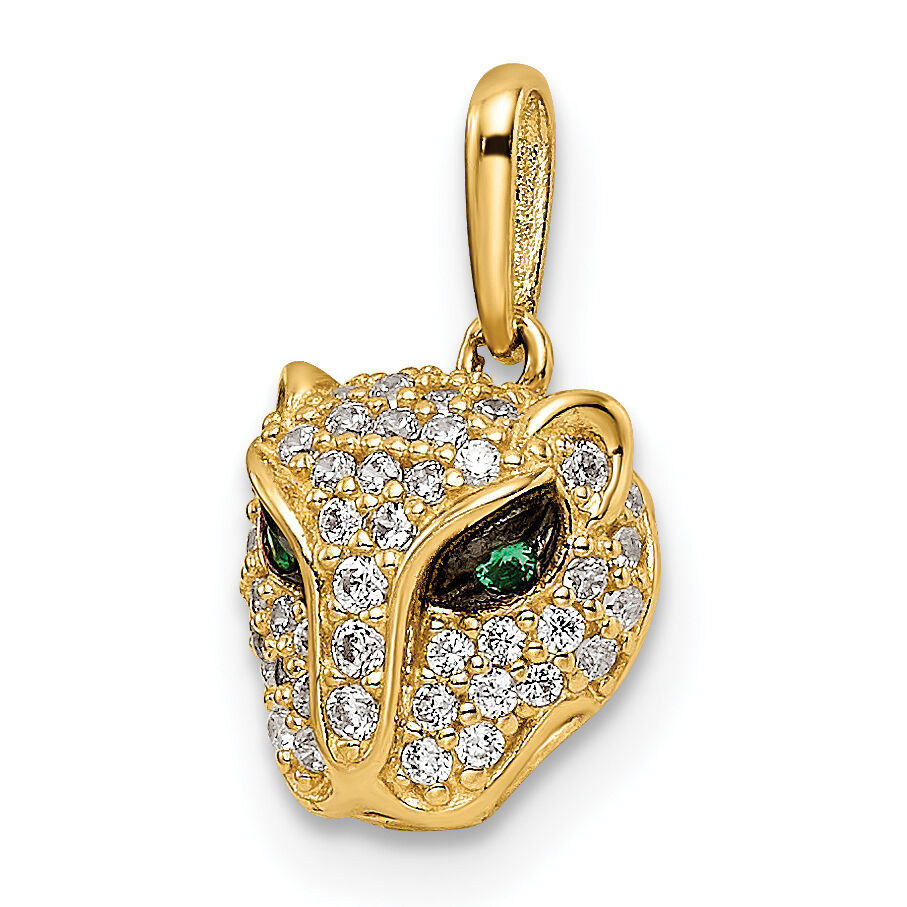 14K Polished Green & White CZ Lioness Head Pendant-YC1474