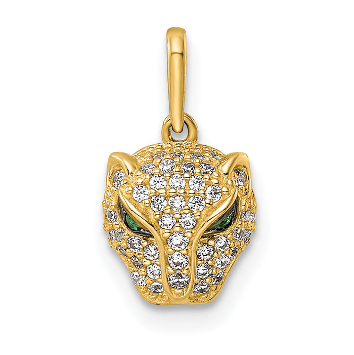 14K Polished Green & White CZ Lioness Head Pendant-YC1474