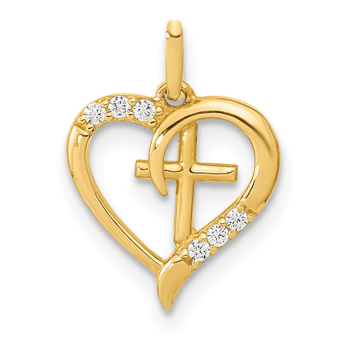 14K Polished Open Heart with Cross CZ Pendant-YC1521