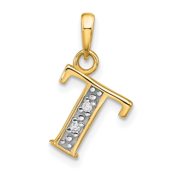 14K with Rhodium Diamond Letter T Initial Pendant-YC1541T