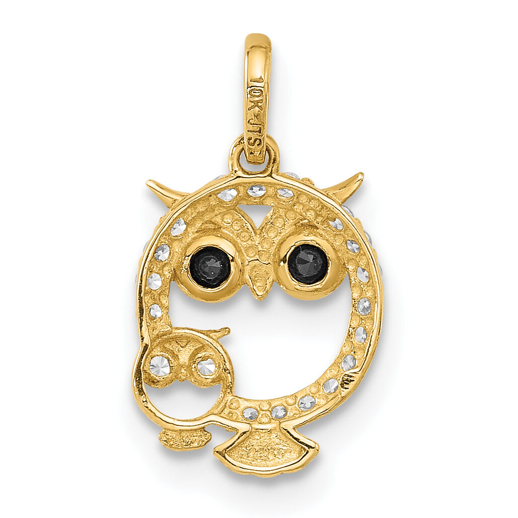 14K Polished Black and White CZ Mommy and Baby Owl Pendant-YC1585