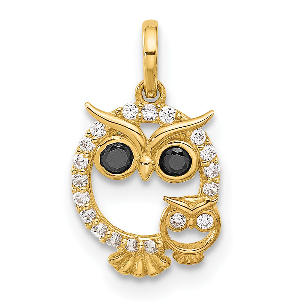 14K Polished Black and White CZ Mommy and Baby Owl Pendant-YC1585
