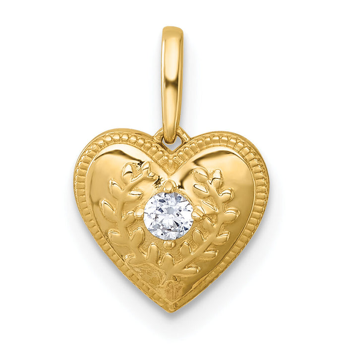 14k Polished and Textured CZ Floral Heart Pendant-YC1600