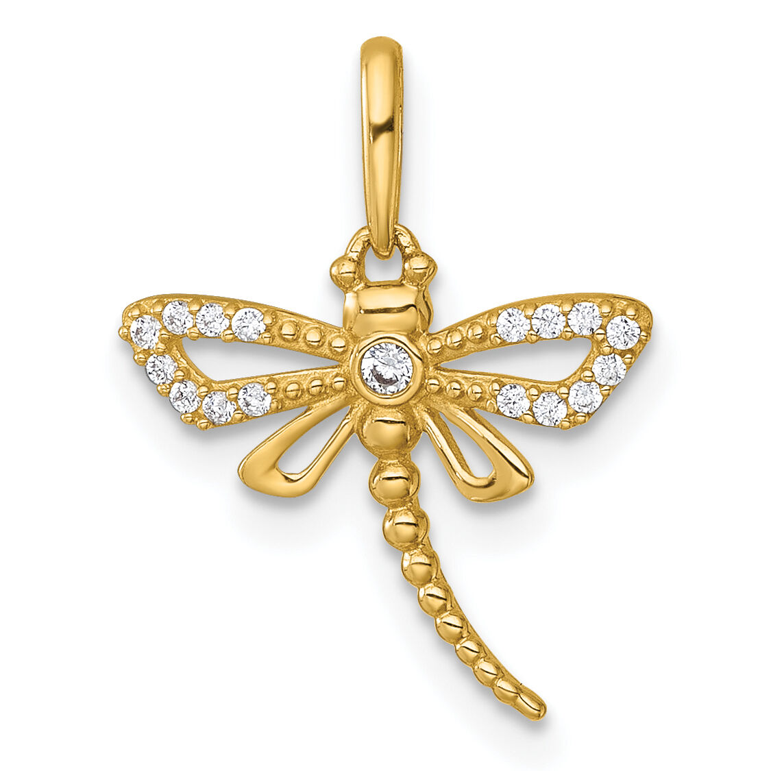 14k Polished and Beaded CZ Dragonfly Pendant-YC1613