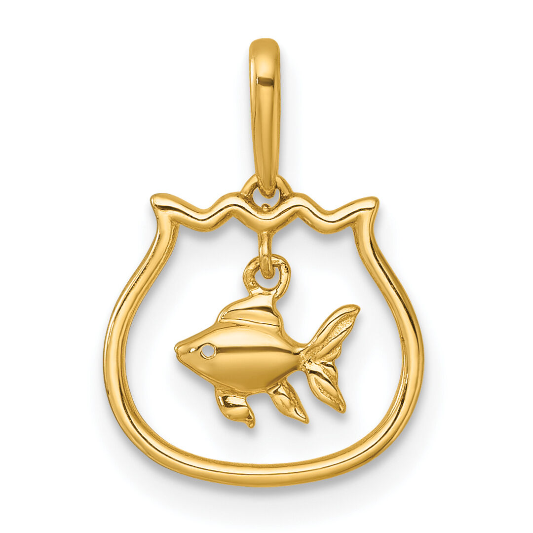 14k Polished Fish Bowl with Dangling Fish Pendant-YC1618