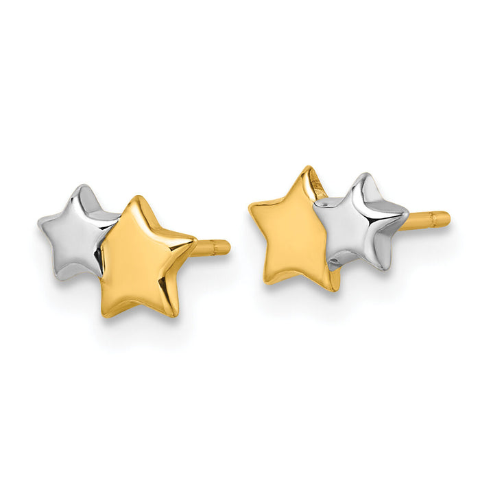 14K w/Rhodium Polished Double Star Post Earrings-YC1635