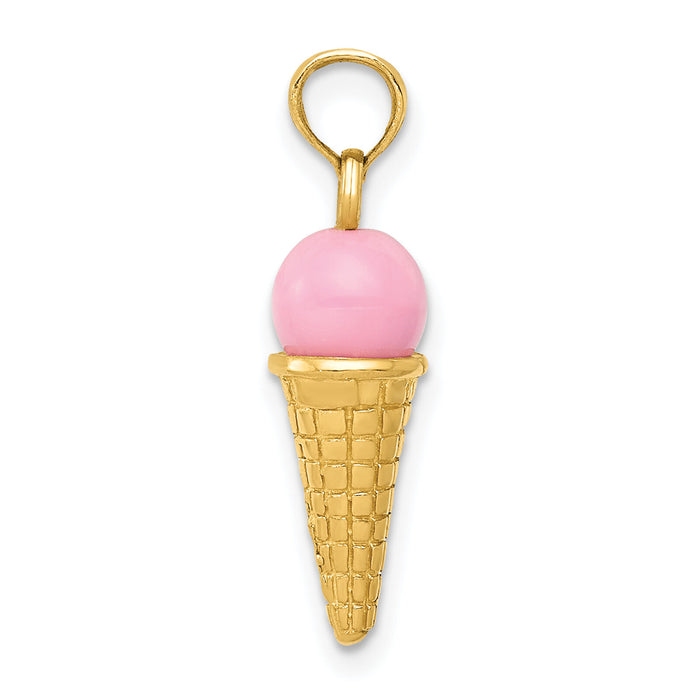 14K Satin Polished 3D  Pink Quartz Ice Cream Cone Charm-YC257