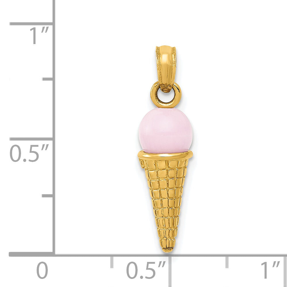14K Satin Polished 3D  Pink Quartz Ice Cream Cone Charm-YC257
