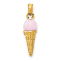 14K Satin Polished 3D  Pink Quartz Ice Cream Cone Charm-YC257