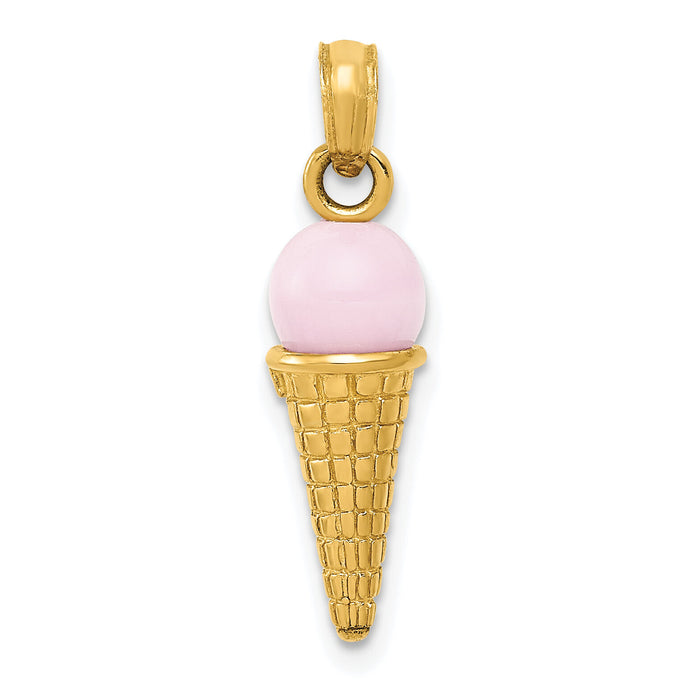 14K Satin Polished 3D  Pink Quartz Ice Cream Cone Charm-YC257