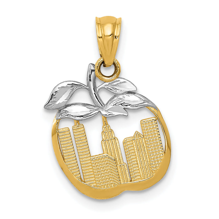 14k with White Rhodium Cut-out New York Skyline in Apple Pendant-YC498
