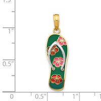 14K Rhodium 3D Enameled Flowers On Green Flip Flop Pendant-YC560