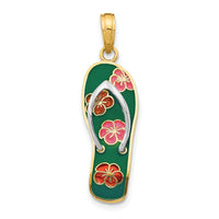 14K Rhodium 3D Enameled Flowers On Green Flip Flop Pendant-YC560