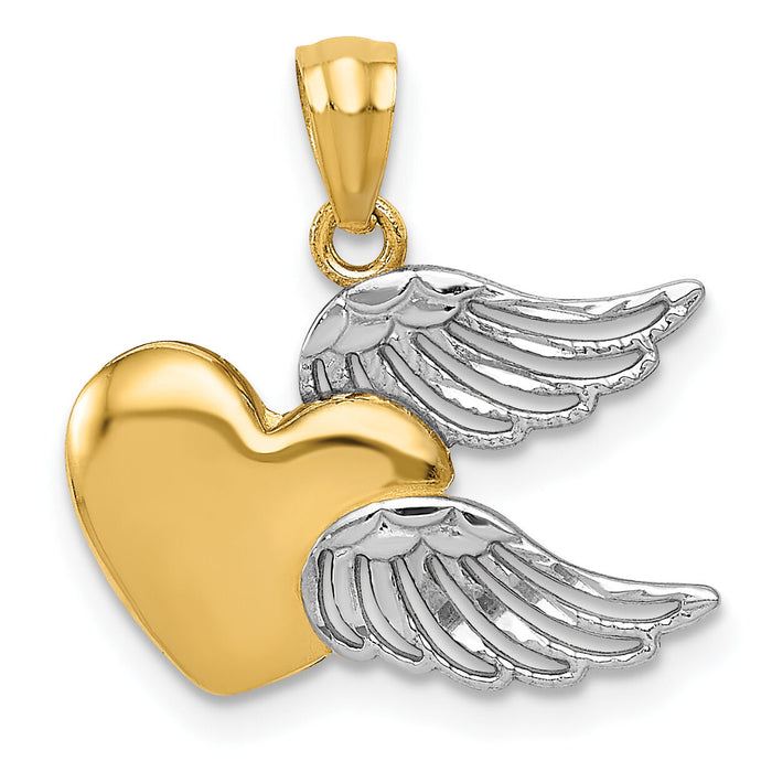 14K and White Rhodium Polished Heart w/ Wings Pendant-YC789