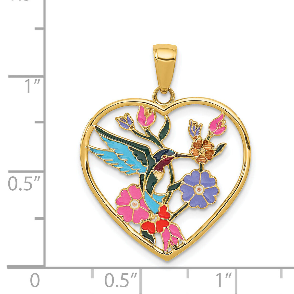 14k Enameled Hummingbird w/Flowers Heart Pendant-YC957