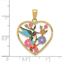 14k Enameled Hummingbird w/Flowers Heart Pendant-YC957