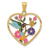 14k Enameled Hummingbird w/Flowers Heart Pendant-YC957