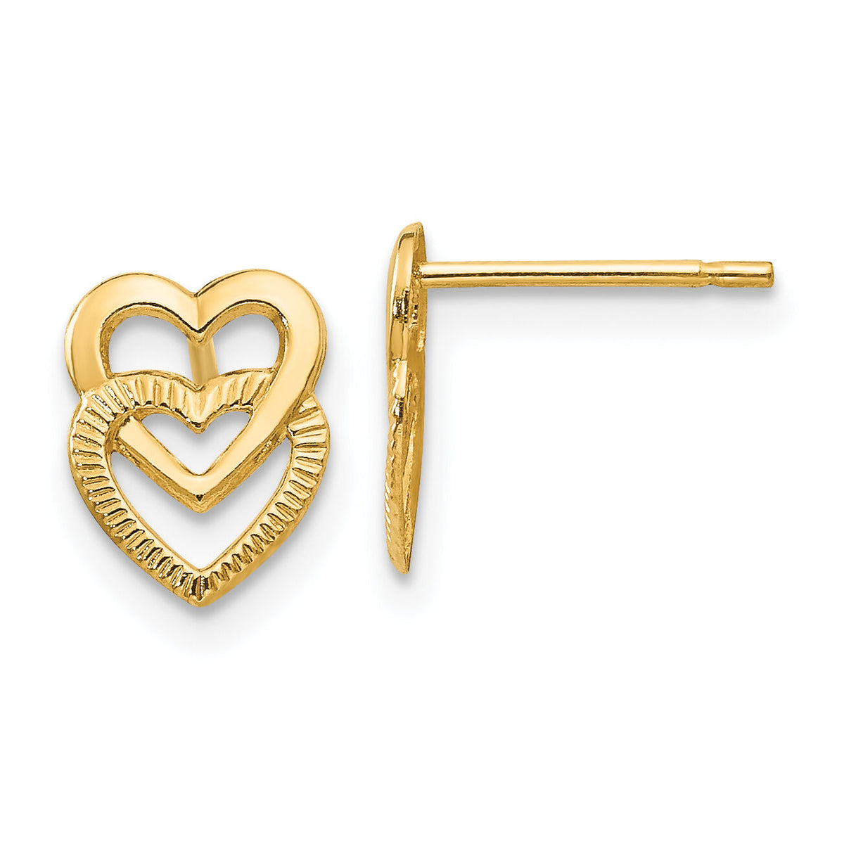 14K Yellow Gold Polished Double Heart Post Earrings-YE1649