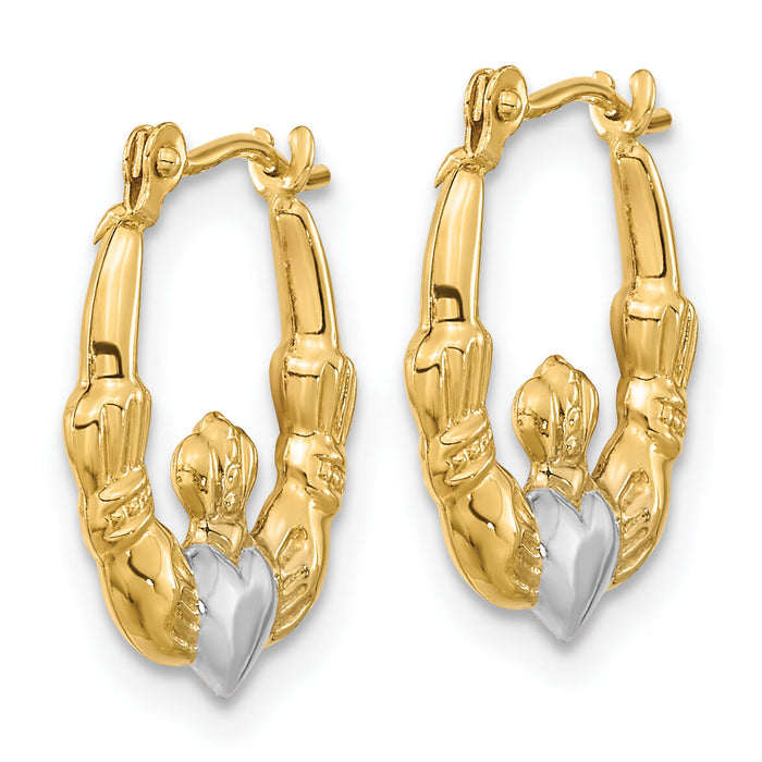 14k w/White Rhodium Polished Claddagh Hoops-YE1788