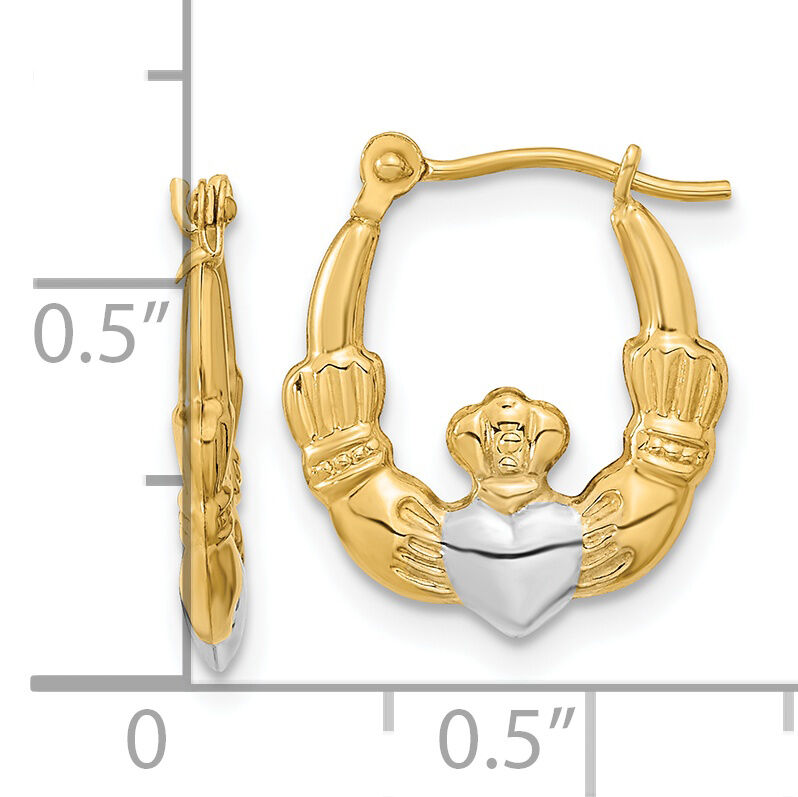 14k w/White Rhodium Polished Claddagh Hoops-YE1788