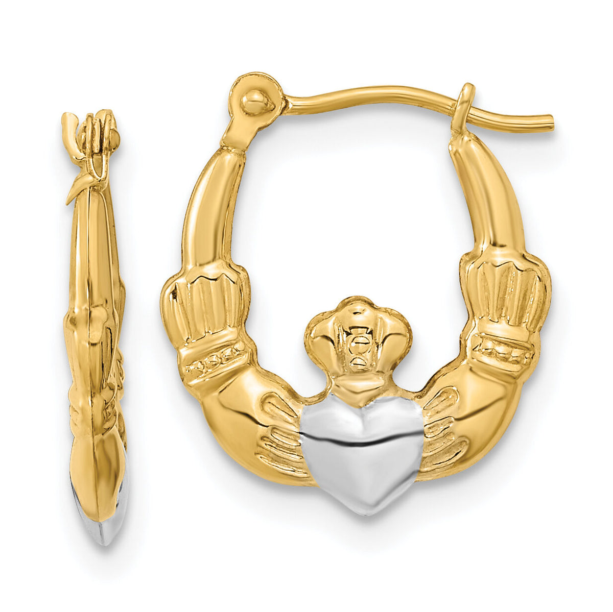 14k w/White Rhodium Polished Claddagh Hoops-YE1788