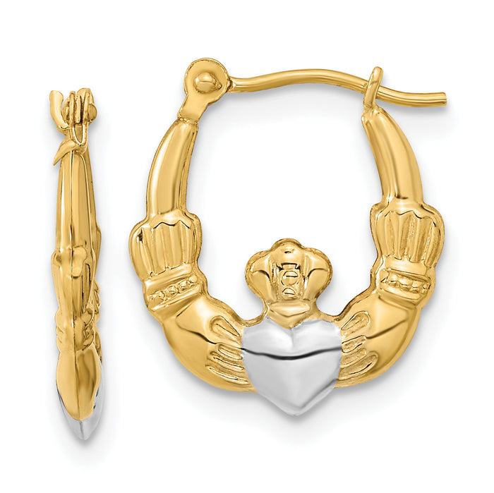 14k w/White Rhodium Polished Claddagh Hoops-YE1788