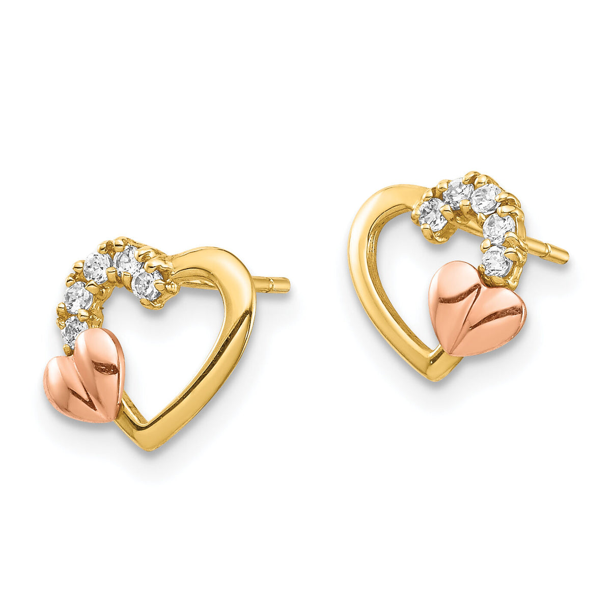 14K Two-Tone CZ Heart Post Earrings-YE1868