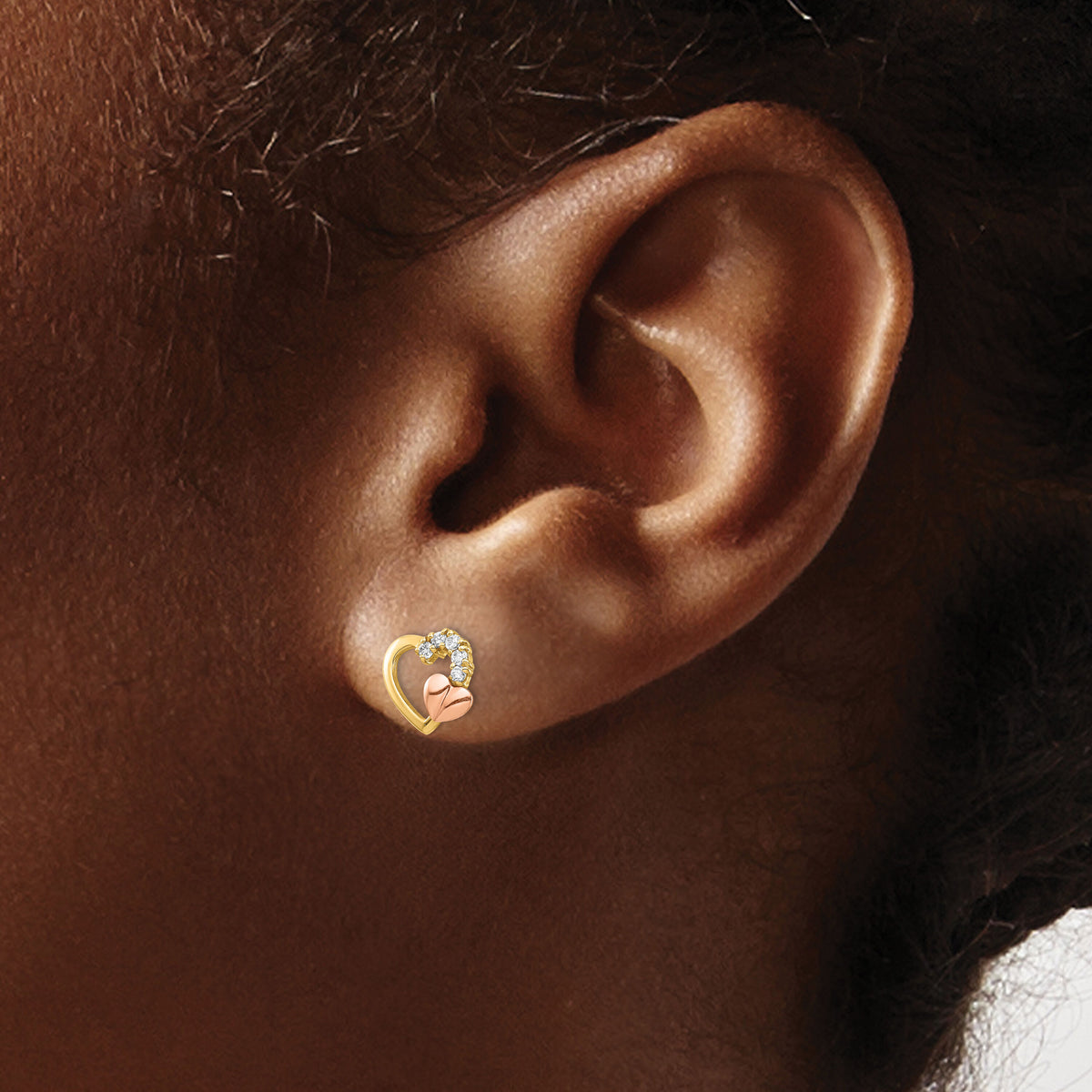 14K Two-Tone CZ Heart Post Earrings-YE1868