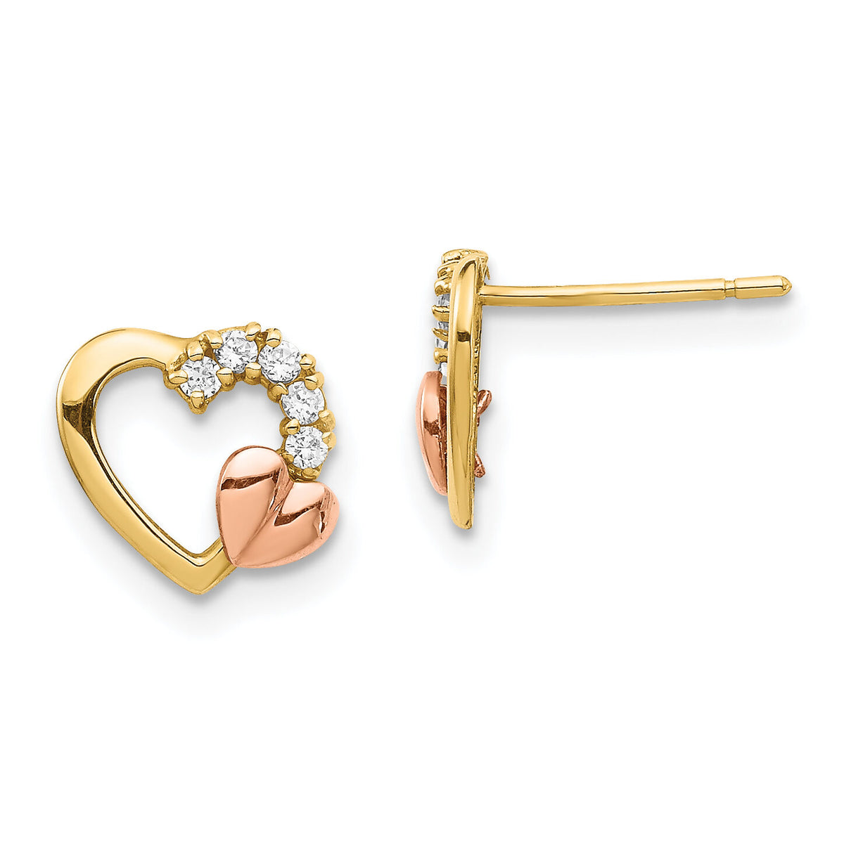 14K Two-Tone CZ Heart Post Earrings-YE1868