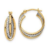 14k w/ White Rhodium Polished Textured Hoops-YE1911