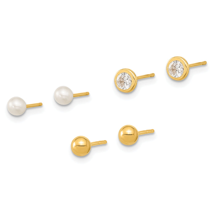 14K Polished Set of Ball Post Pearl and CZ Bezel 3 Pair Earrings Set-YE1969SET