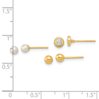 14K Polished Set of Ball Post Pearl and CZ Bezel 3 Pair Earrings Set-YE1969SET