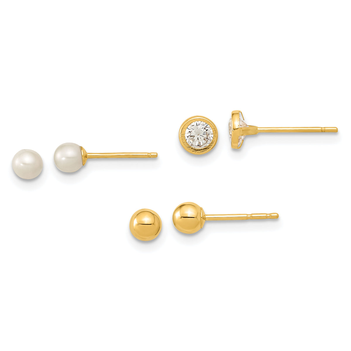 14K Polished Set of Ball Post Pearl and CZ Bezel 3 Pair Earrings Set-YE1969SET