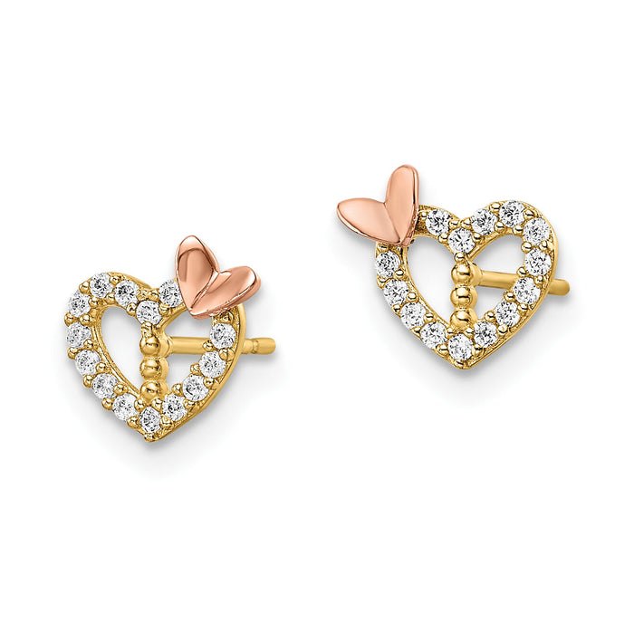 14k Two-tone CZ Heart w/Butterfly Post Earrings-YE2026