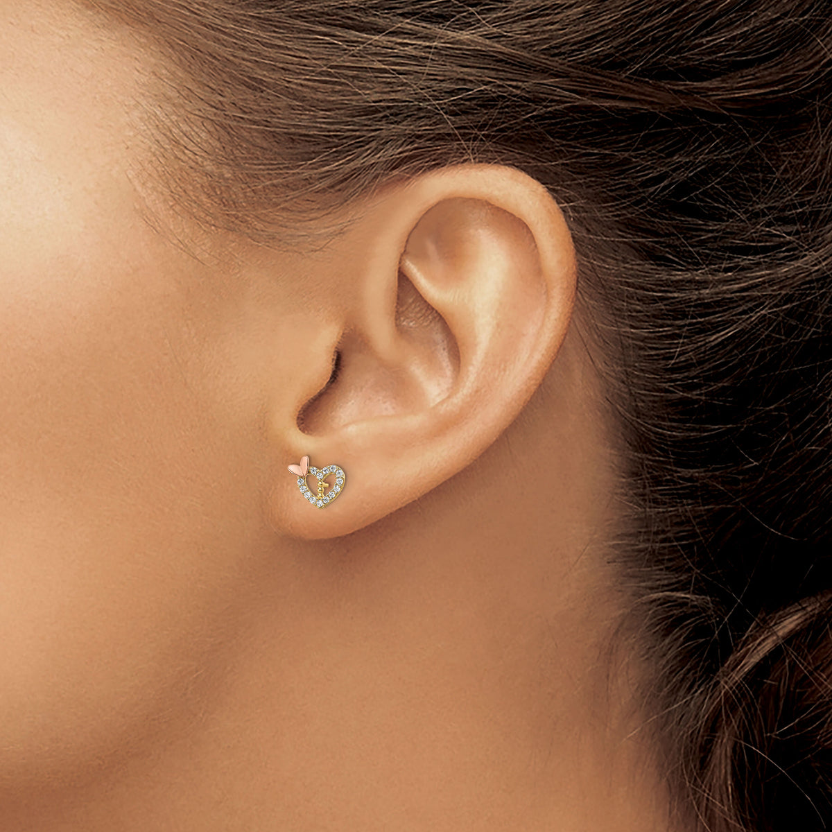 14k Two-tone CZ Heart w/Butterfly Post Earrings-YE2026