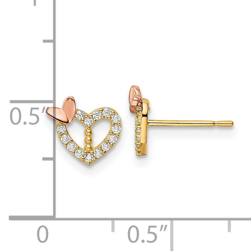 14k Two-tone CZ Heart w/Butterfly Post Earrings-YE2026