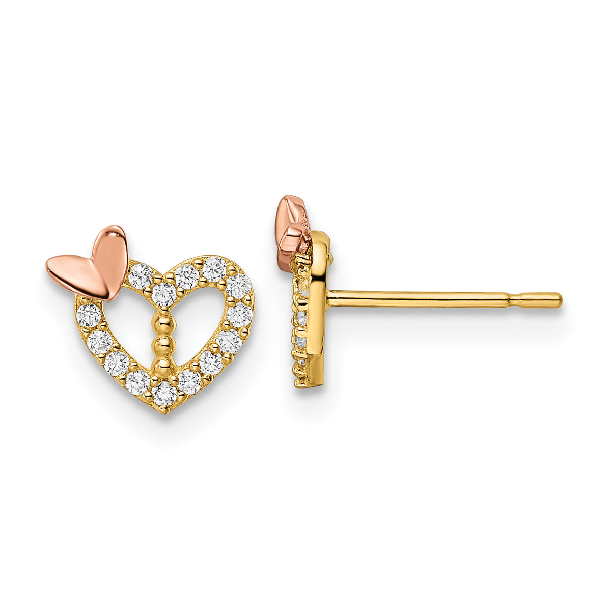 14k Two-tone CZ Heart w/Butterfly Post Earrings-YE2026