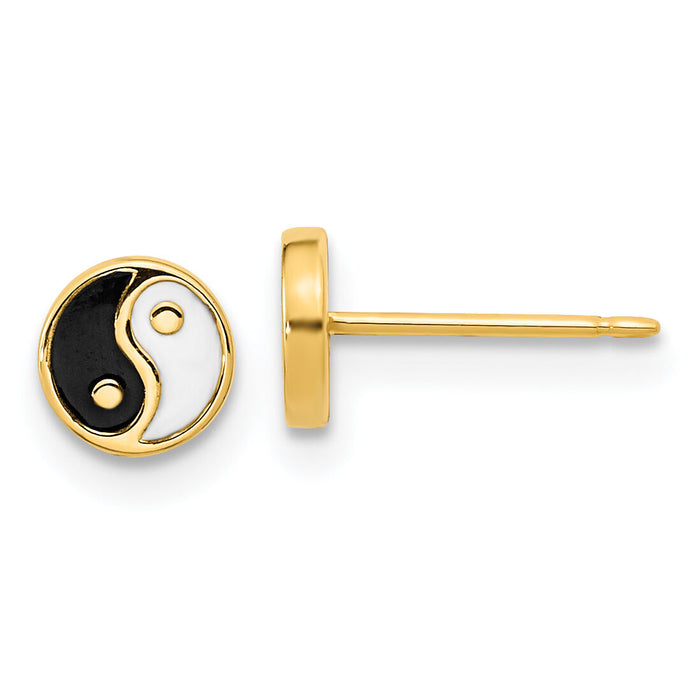 14K Gold Black/White Enamel Yin and Yang Post Earrings-YE2073