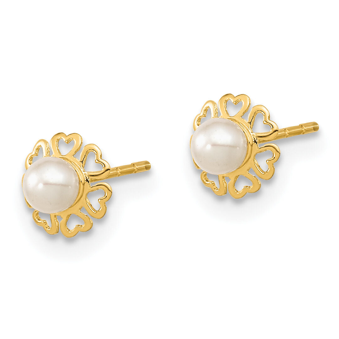 14K Polished Small Heart Petals with FW Cultured Pearl Post Earrings-YE2075