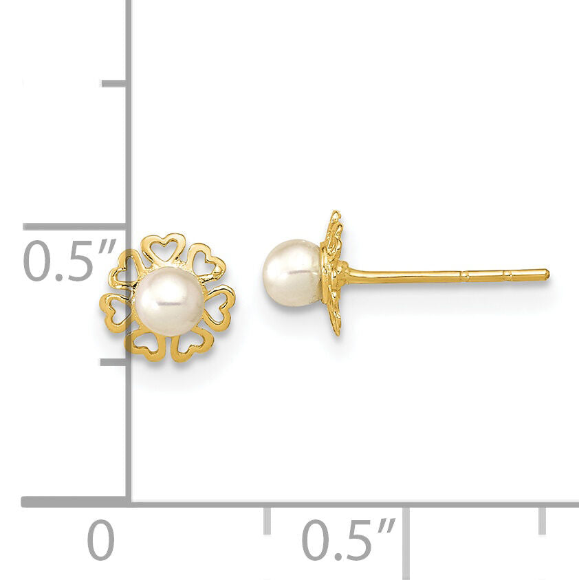 14K Polished Small Heart Petals with FW Cultured Pearl Post Earrings-YE2075