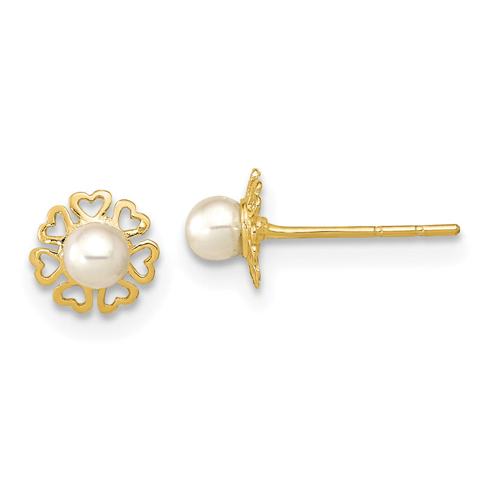 14K Polished Small Heart Petals with FW Cultured Pearl Post Earrings-YE2075