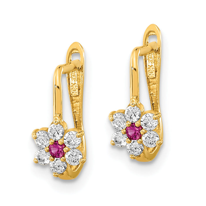 14K Polished Red and White CZ Flower Hoop Earrings-YE2082