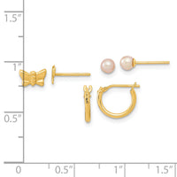 14K Butterfly FW Cultured Pearl and Hoop 3 Pair Earrings Set-YE2099